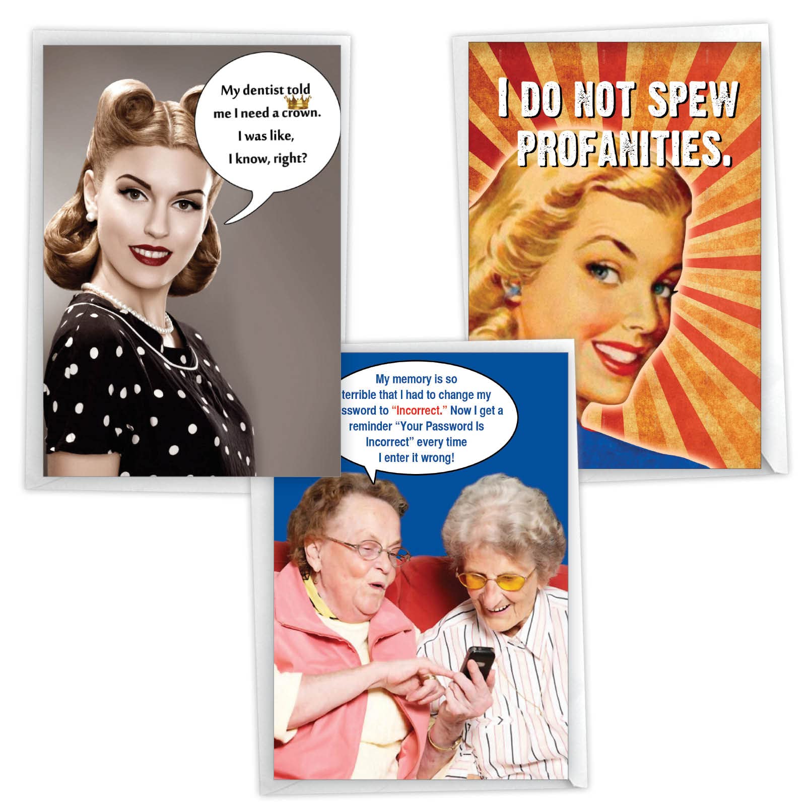 NobleWorks Assorted 3 Pack, Funny Naughty Retro Birthday Cards for Women with 5 x 7 Inch Envelopes (3 Designs, 1 Each) Laughing Ladies VC2807BDG-C1x3