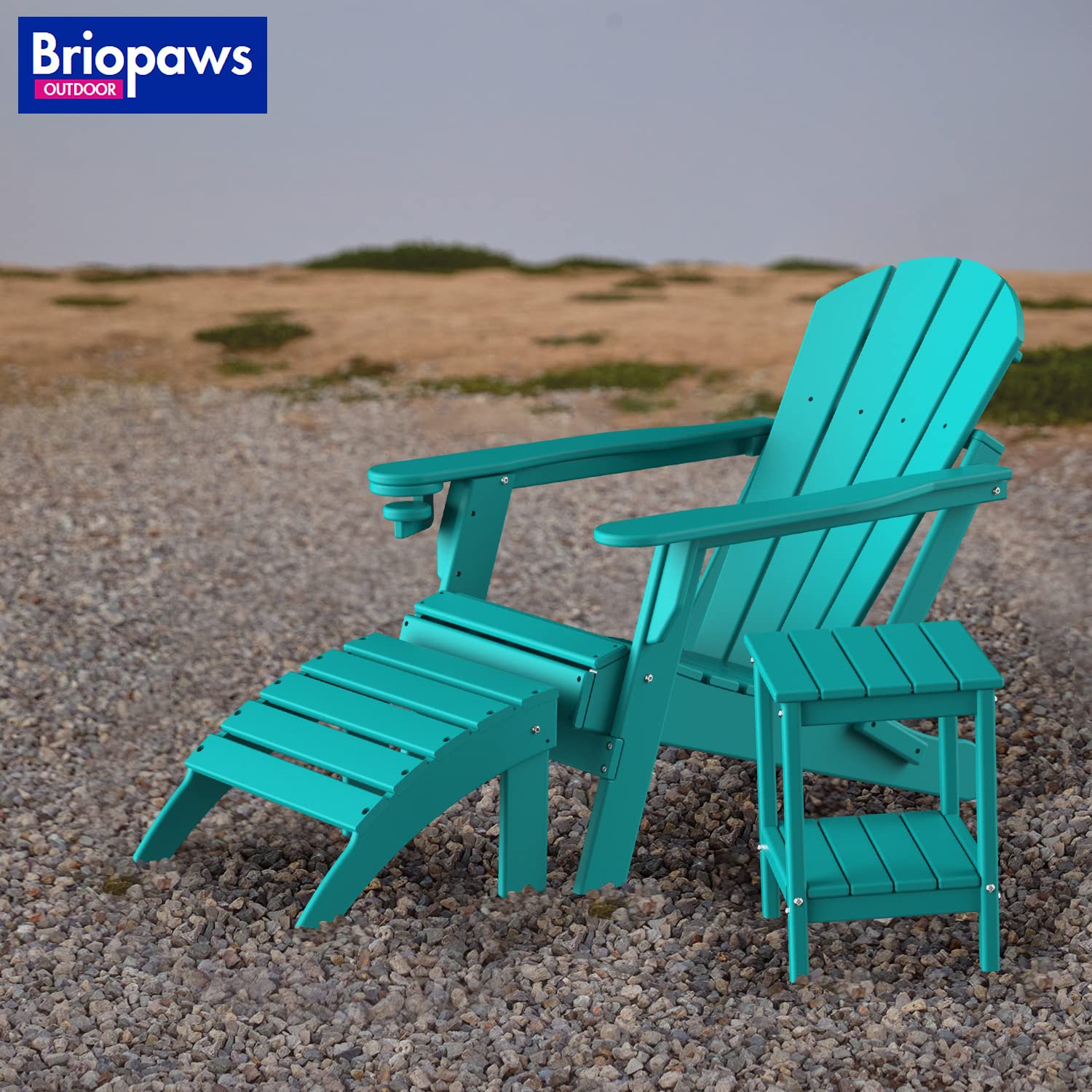 BRIOPAWS Folding Adirondack Chairs Set of 2, Weather Resistant Patio Chairs w/Cup Holder, HDPE Plastic Chair, Lawn Chairs for Fire Pit, Deck, Outdoor, Porch, Campfire, Aqua, 2 Packs