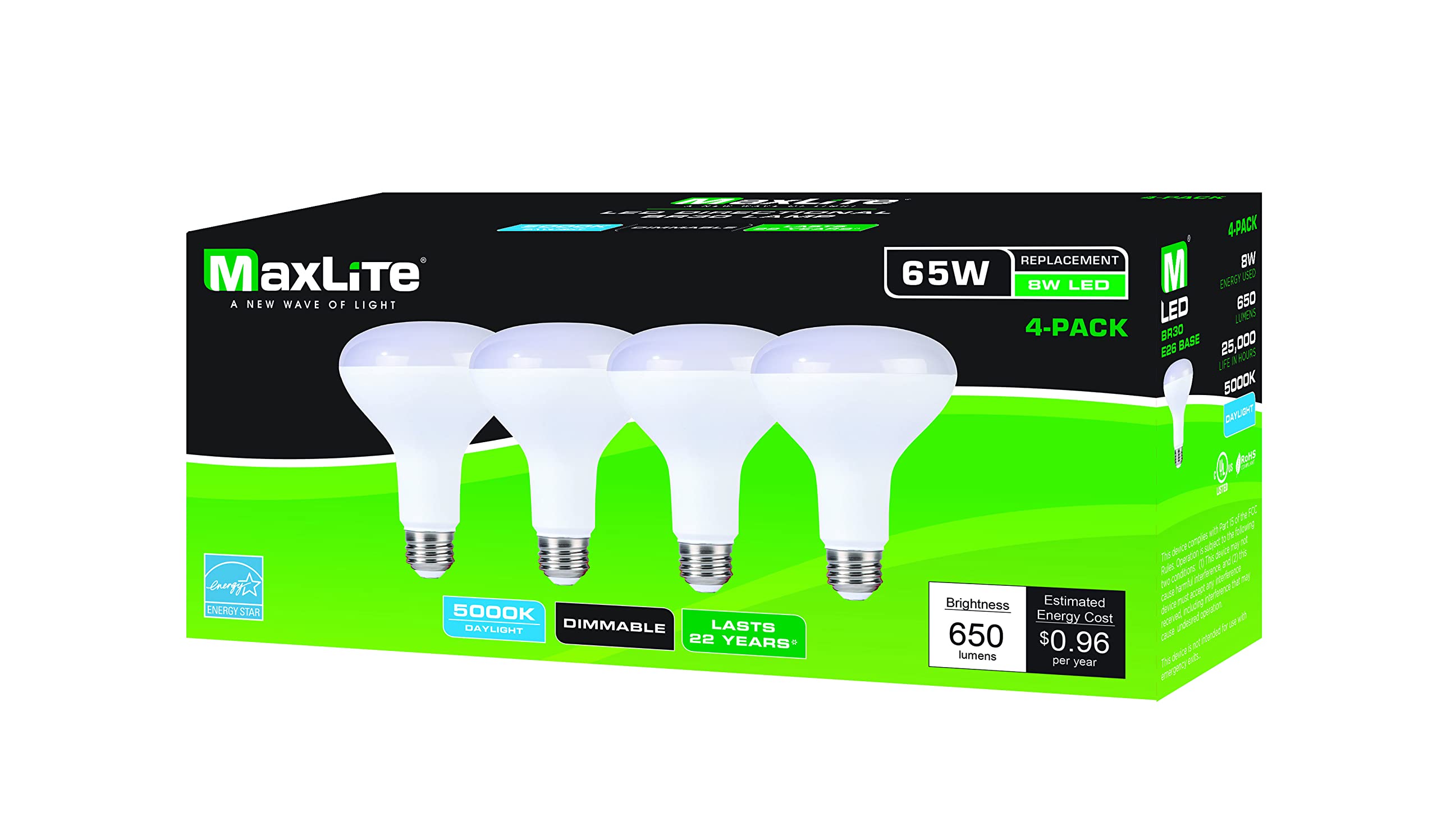 MaxLite LED BR Reflector LAMP 8W BR30 DIM 5000K 4PK, White (8BR30D50/4P/WS)