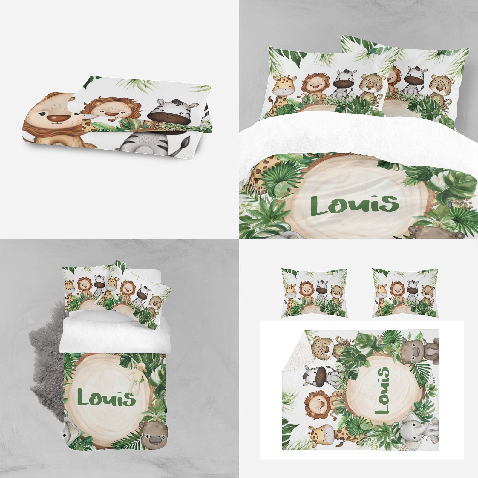 XIUCOO Personalized Adorable Jungle Safari Animals Duvet Cover Sets with Name Bedding Set 3 Pcs Quilt Cover with Zipper for Adult Birthday Gift,Queen Size