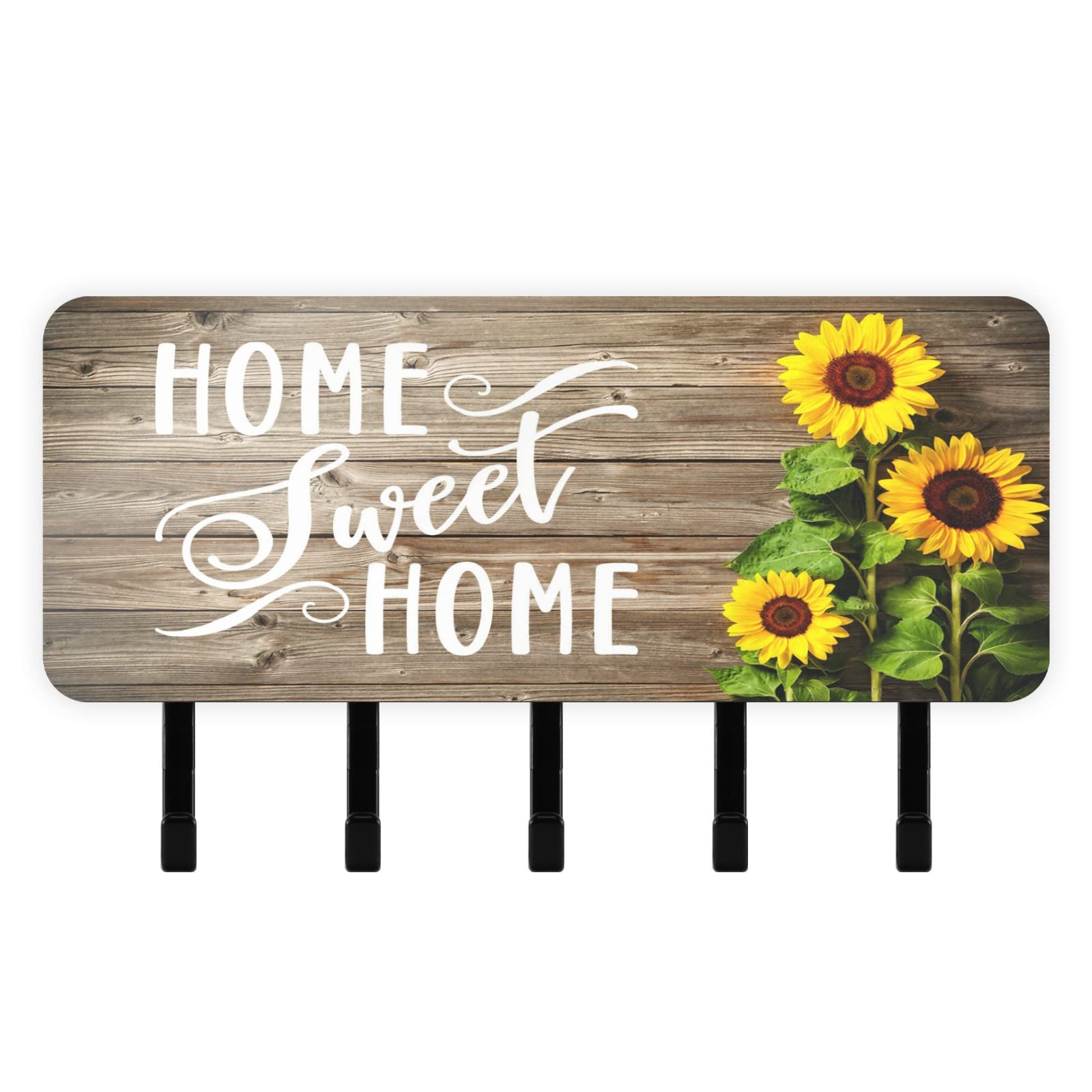 linqin Home Sweet Home Sunflower Key Holder for Wall, Decorative Wall Mounted Key Racks with 5 Key Hooks, Mail Key Organizer with Hanger for Entryway/Door/Bathroom/Kitchen