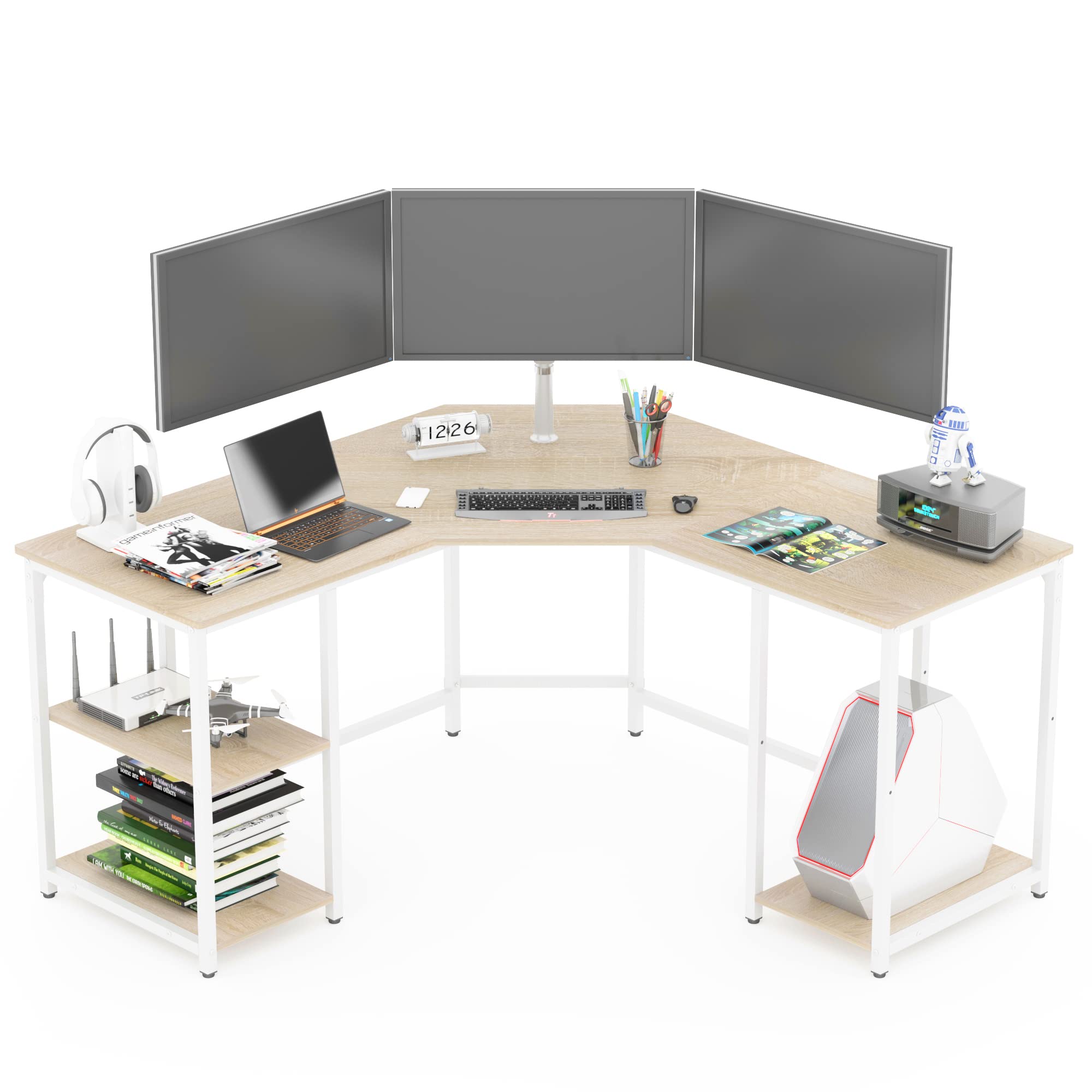 Elephance Large L-Shaped Computer Desk with Shelves, Corner Desk, Home Office Writing Workstation, Gaming Desk PC Latop Table with Storage