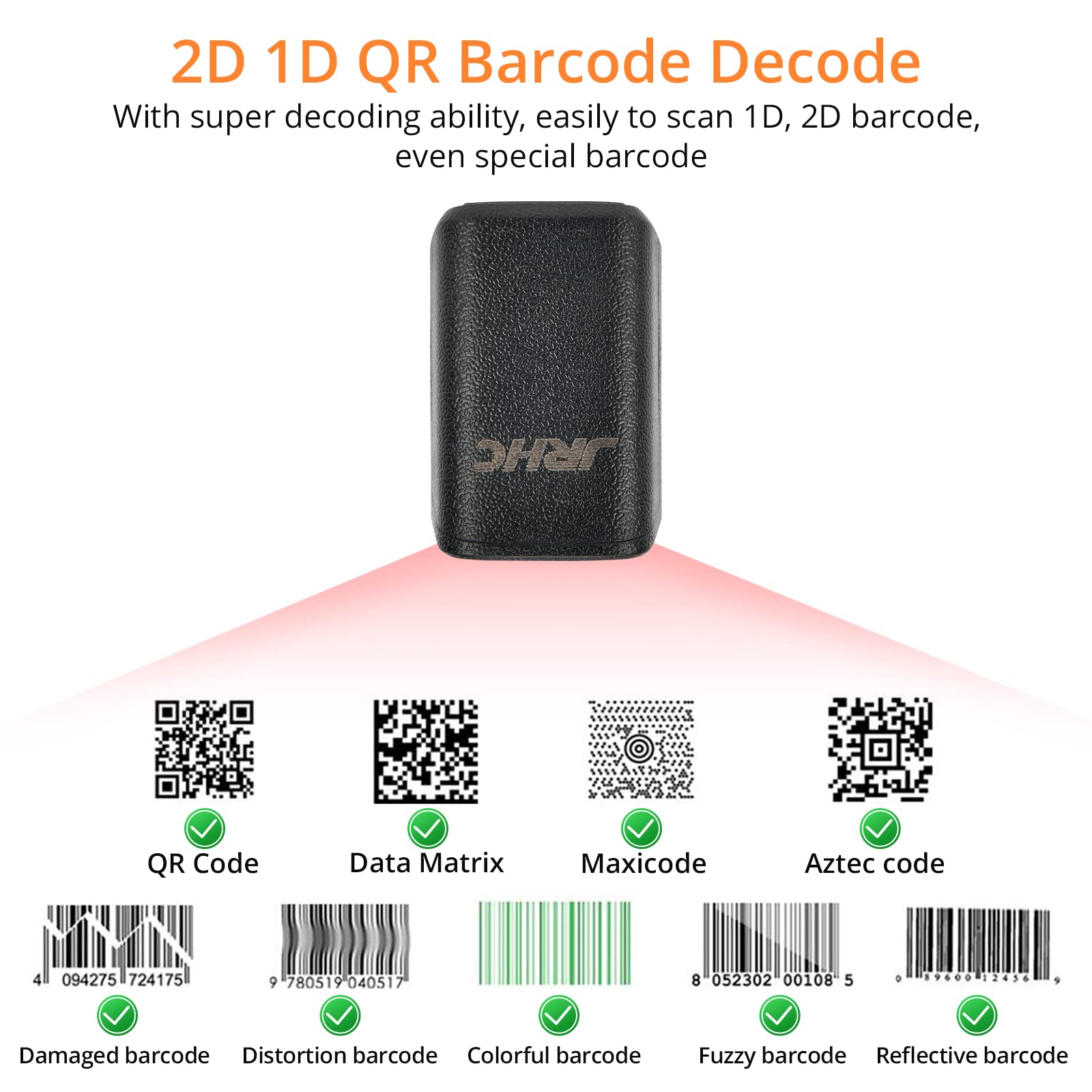 JRHC 2D Bluetooth Barcode Scanner, Portable Wireless Bar Code Scanner Wearable Finger 1D 2D QR Mini Bar Code Reader with2.4G Wireless & Wired Connection Mini Finger Bar Code Reader