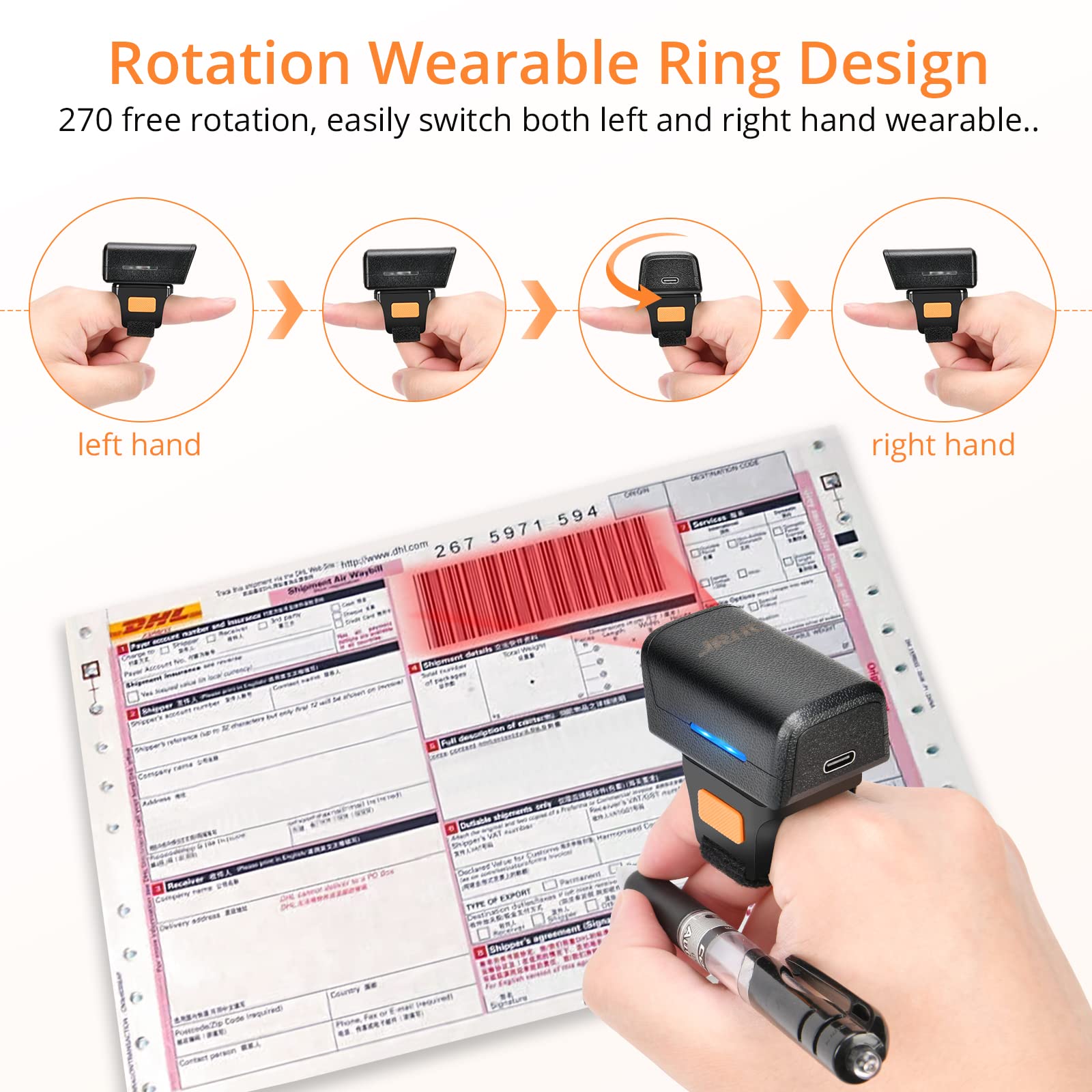 JRHC 2D Bluetooth Barcode Scanner, Portable Wireless Bar Code Scanner Wearable Finger 1D 2D QR Mini Bar Code Reader with2.4G Wireless & Wired Connection Mini Finger Bar Code Reader