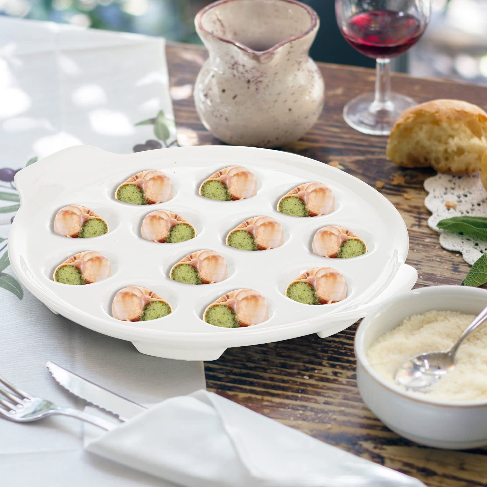 Okllen 4 Pack Ceramic Escargot Plates with 12 Holes and Handles, 9 Inch Seafood Snail Dish Footed Plates White Escargot Baking Dish Server for Home, Kitchen, Restaurant, Hotel, BBQ