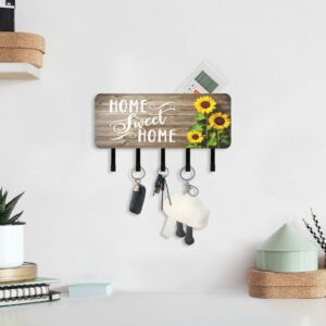 linqin Home Sweet Home Sunflower Key Holder for Wall, Decorative Wall Mounted Key Racks with 5 Key Hooks, Mail Key Organizer with Hanger for Entryway/Door/Bathroom/Kitchen