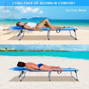 FirstE Portable Beach Lounge Chair 2PCS, Sunbathing Recliner with Tanning Face Hole Removable Pillow, Folding Beach Chaise Chair with 4 Position Adjustable, Outdoor Lounge Chair for Patio Pool