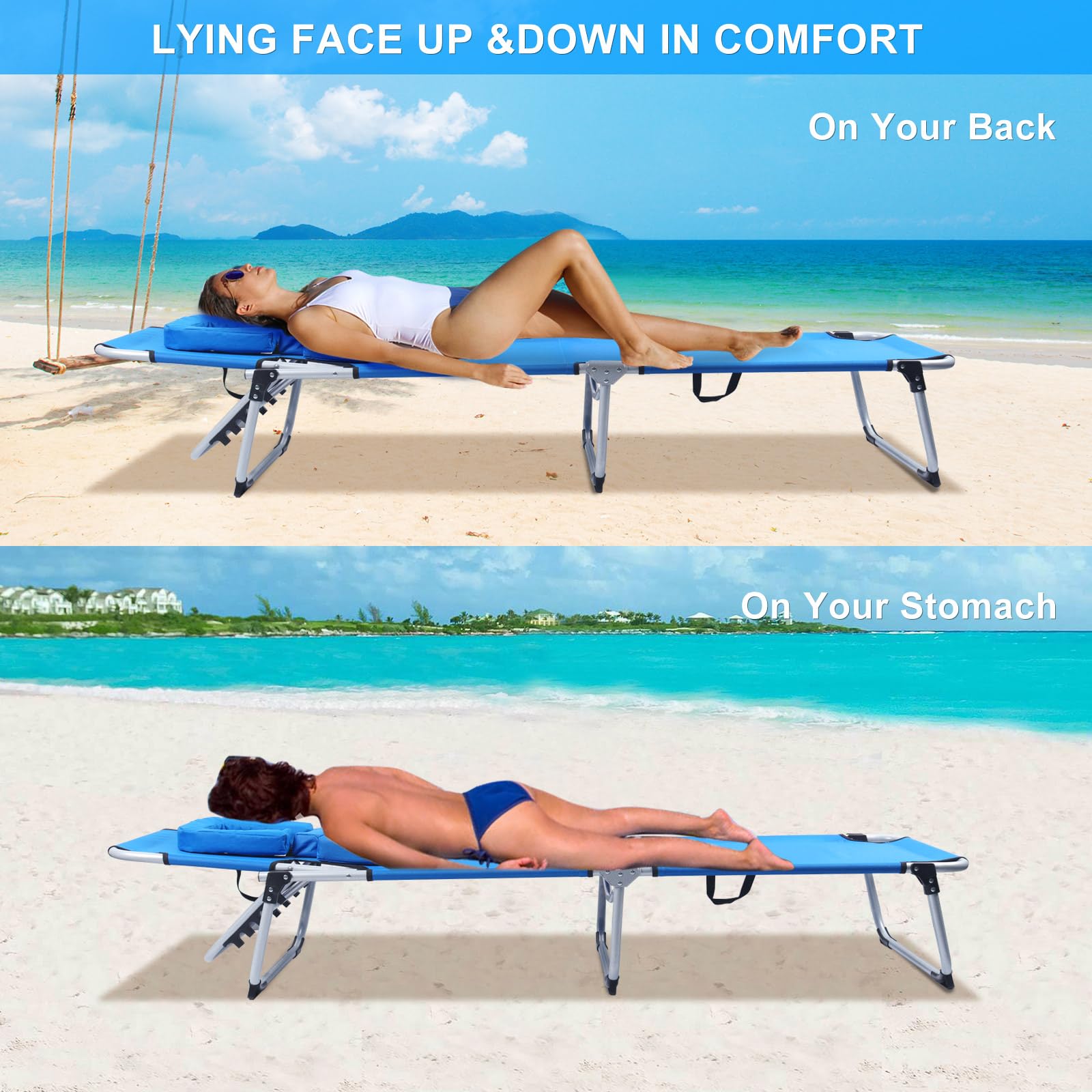 FirstE Portable Beach Lounge Chair 2PCS, Sunbathing Recliner with Tanning Face Hole Removable Pillow, Folding Beach Chaise Chair with 4 Position Adjustable, Outdoor Lounge Chair for Patio Pool