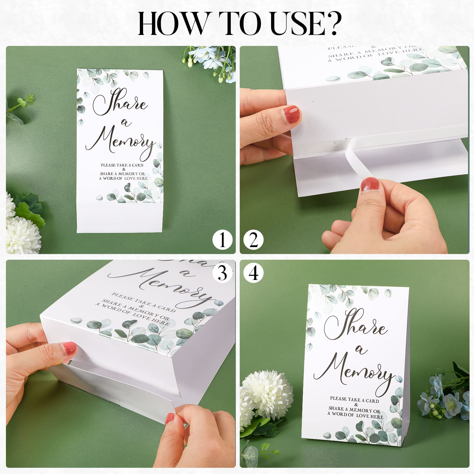 52 Pcs Greenery Eucalyptus Share a Memory Cards and Memory Table Signs Greenery Flower Seating Place Cards Funeral Celebration of Life Guest Book Card for Graduation Wedding, 3 Styles(Leaf Style)