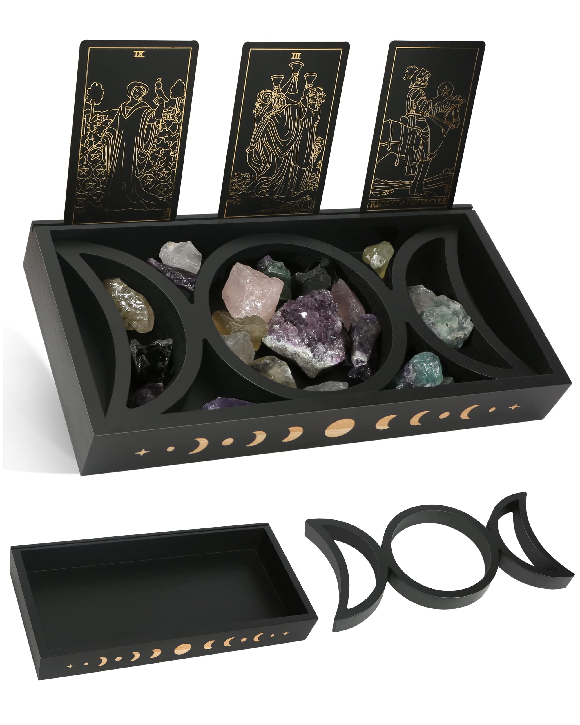 Crystal Tray for Stones, Triple Moon Crystal Holder Box, 3 Tarot Card Stand for Daily Affirmation Cards, Wicca Crystal Display, Detachable Rocks, Essential Oil Organizer, Witch Altar Gift