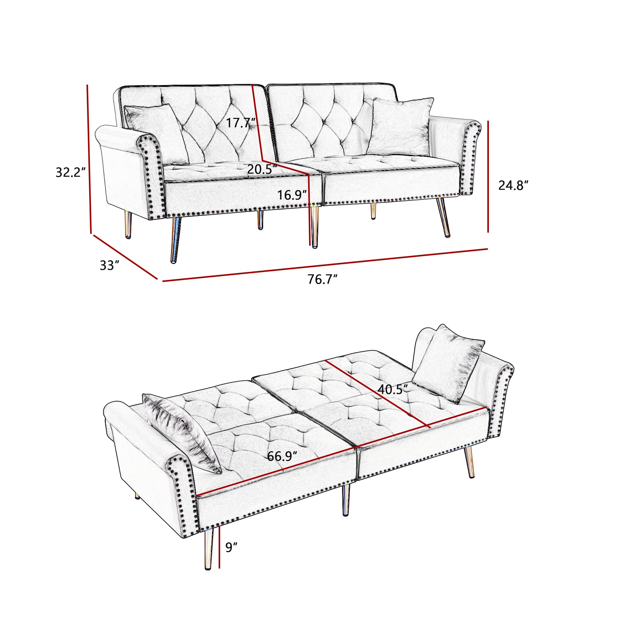 Kakotito Tufted Velvet Sofa Bed Sleeper with 2 Pillows, Luxury Loveseat Couch, Splitback Futon for Living Room & Office, Convertible Futon with Vintage Nailhead Trim and Metal Legs (Green)