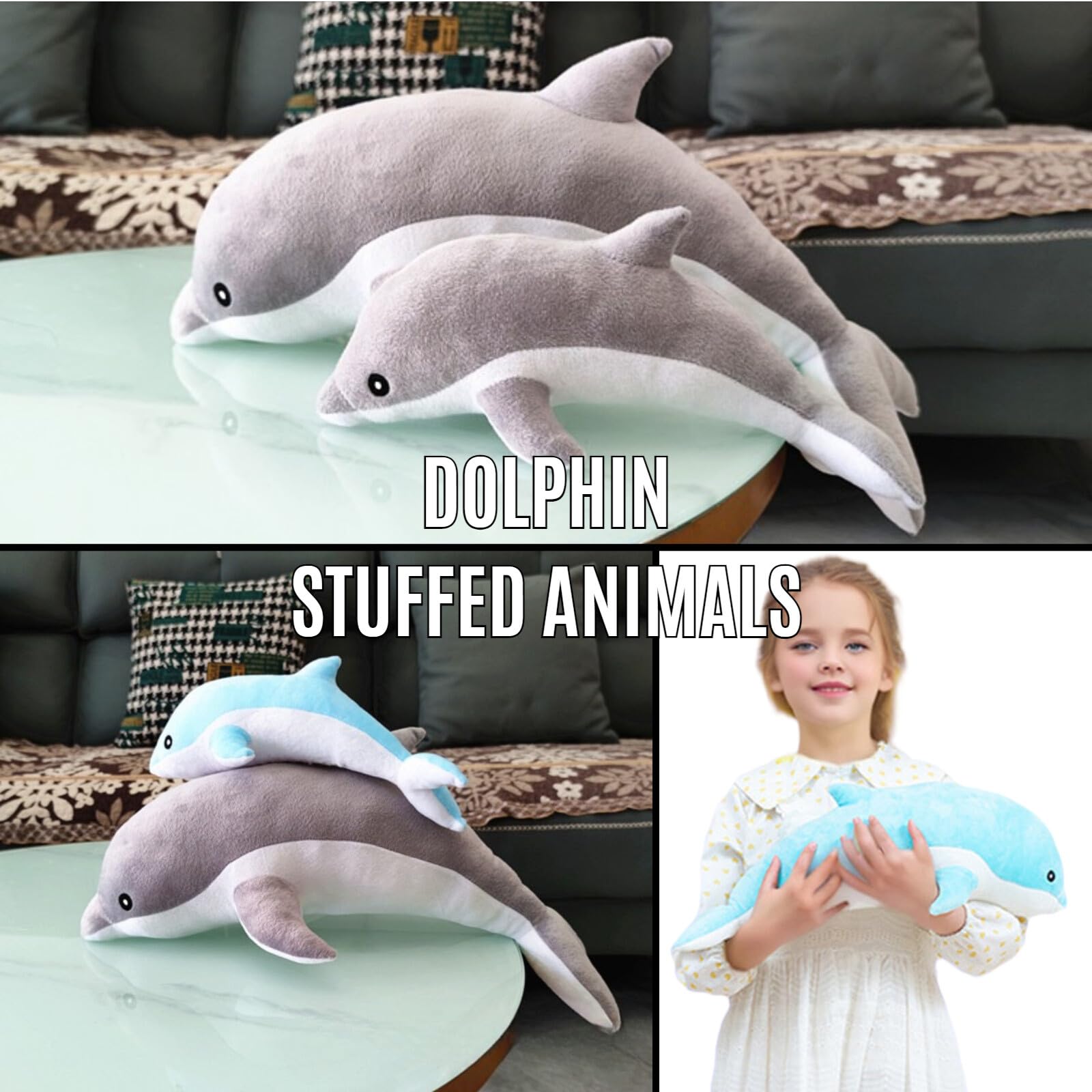 Dolphin Stuffed Animals Plush Pillow Super Soft Sea Animal Plush Toys Dolls for Boys Girls Sleeping Cushion Gift (50cm/19.68in, Grey)