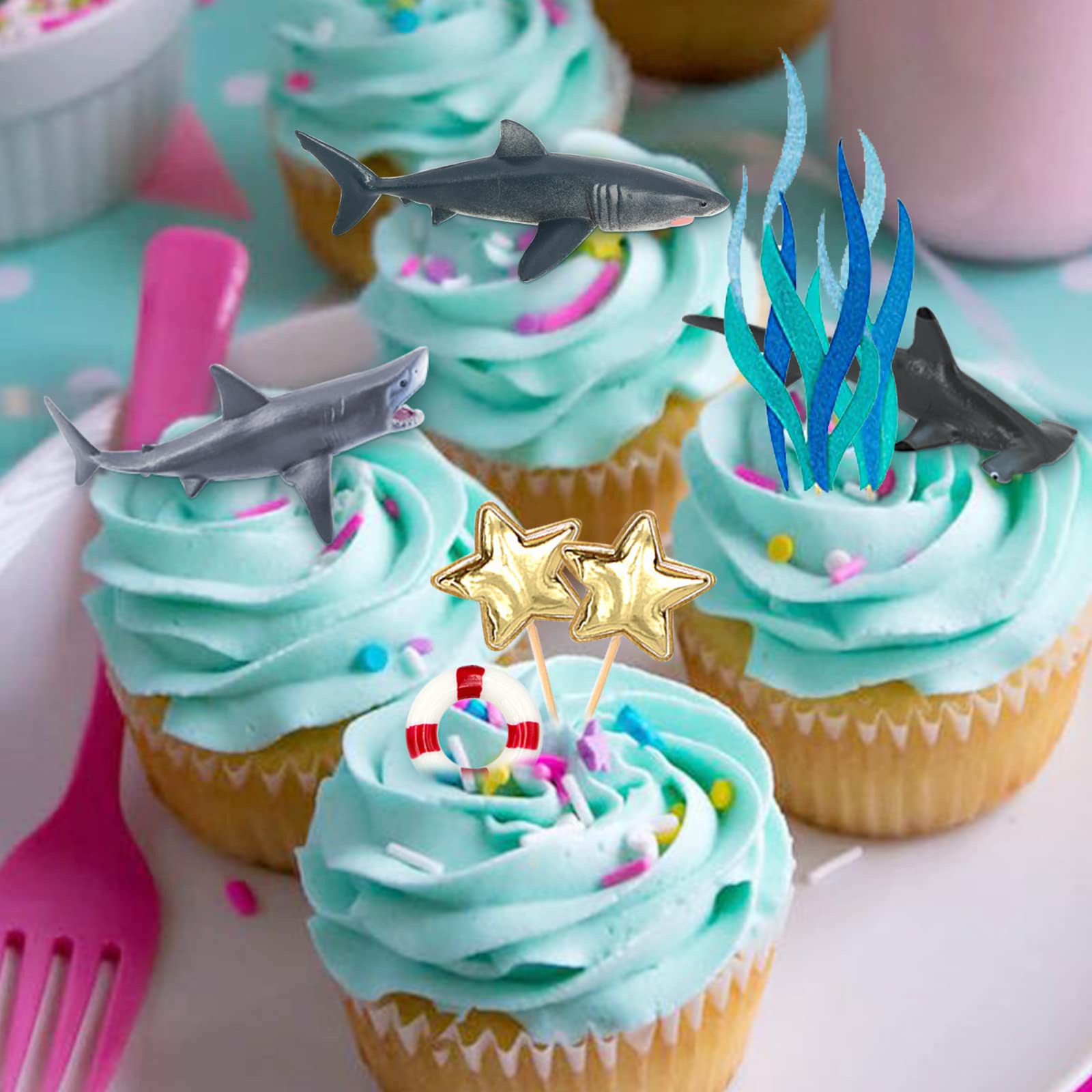 MEMOVAN Shark Cake Toppers 9pcs, Shark Birthday Cake Cupcake Topper Mini Toy Figurines, Shark Cake Decoration for Under the Sea Ocean Shark Underwater Theme Birthday Baby Shower Party Supplies