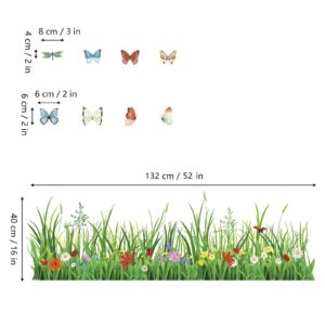 wondever Green Grass Wall Corner Stickers Flowers Butterflies Baseboard Skirting Line Wall Decals for Bedroom Living Room (W:52 inches)