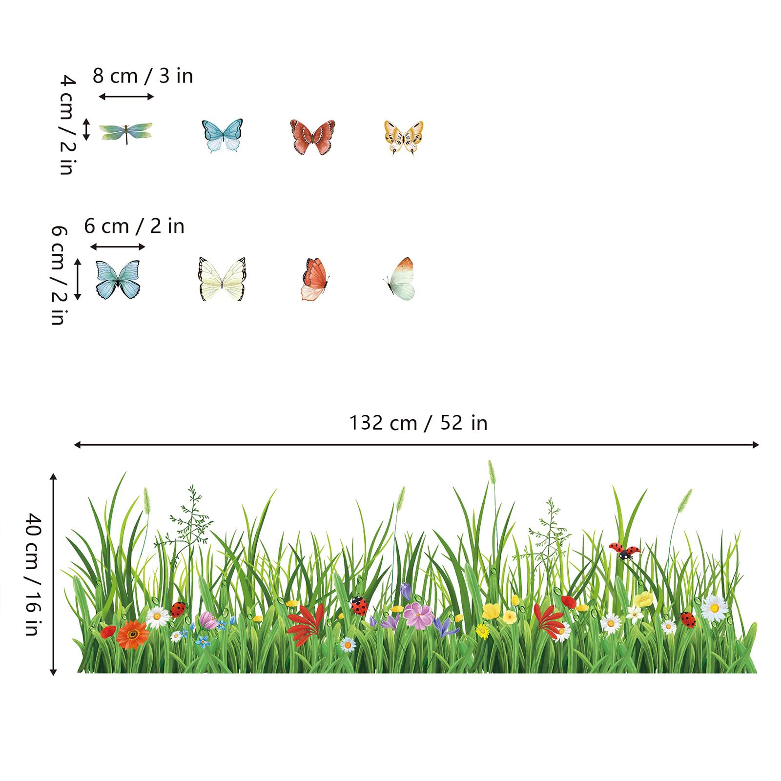 wondever Green Grass Wall Corner Stickers Flowers Butterflies Baseboard Skirting Line Wall Decals for Bedroom Living Room (W:52 inches)