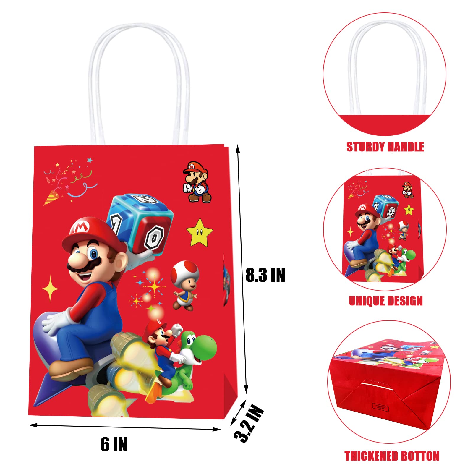 16PCS Party Gift Bags for Super Bros Birthday Party Supplies, Party Favor Bags for Bro Cartoon Birthday Party Supplies, Goody Candy Treat Bags for Super Bros Party Favors Decor Super Bros Themed