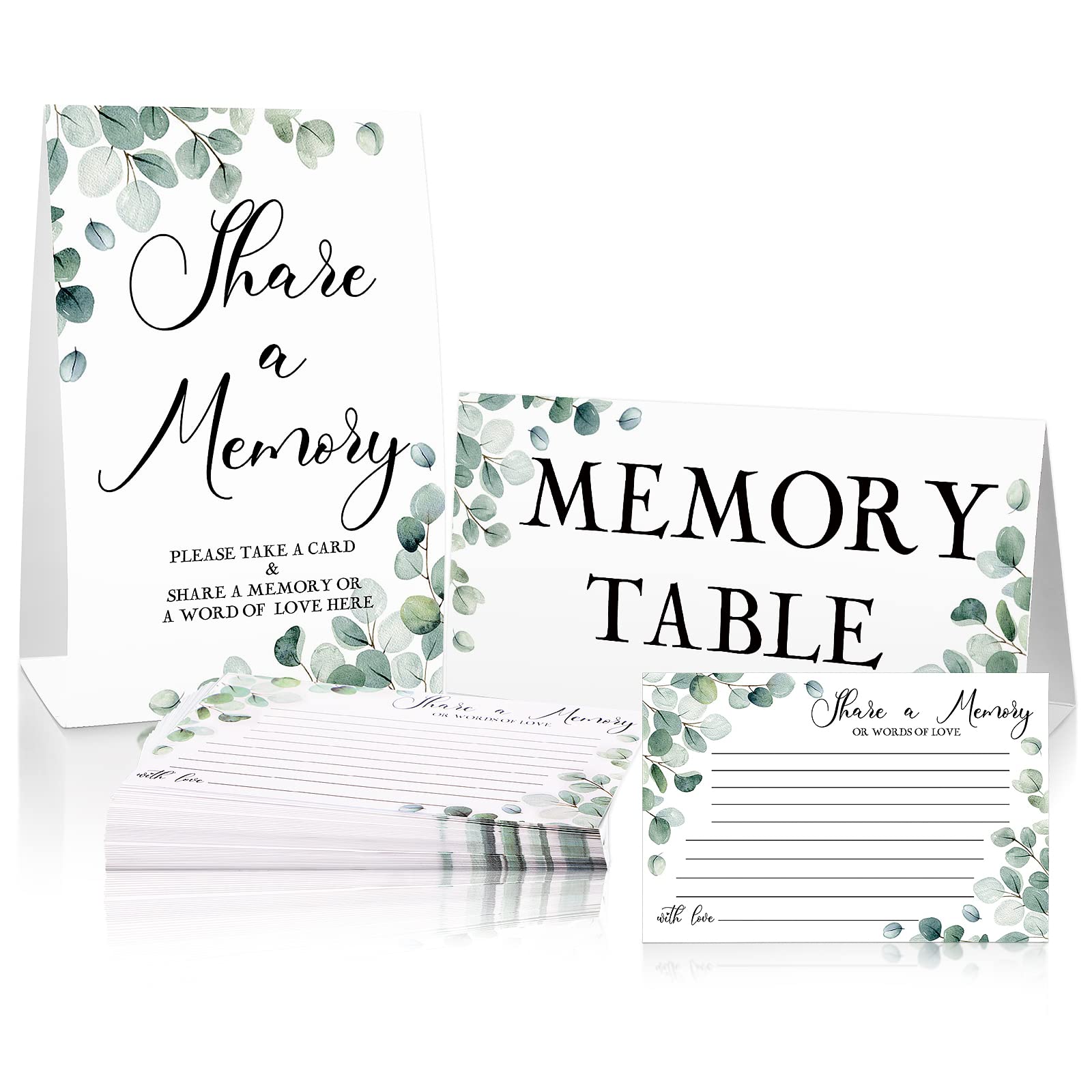 52 Pcs Greenery Eucalyptus Share a Memory Cards and Memory Table Signs Greenery Flower Seating Place Cards Funeral Celebration of Life Guest Book Card for Graduation Wedding, 3 Styles(Leaf Style)