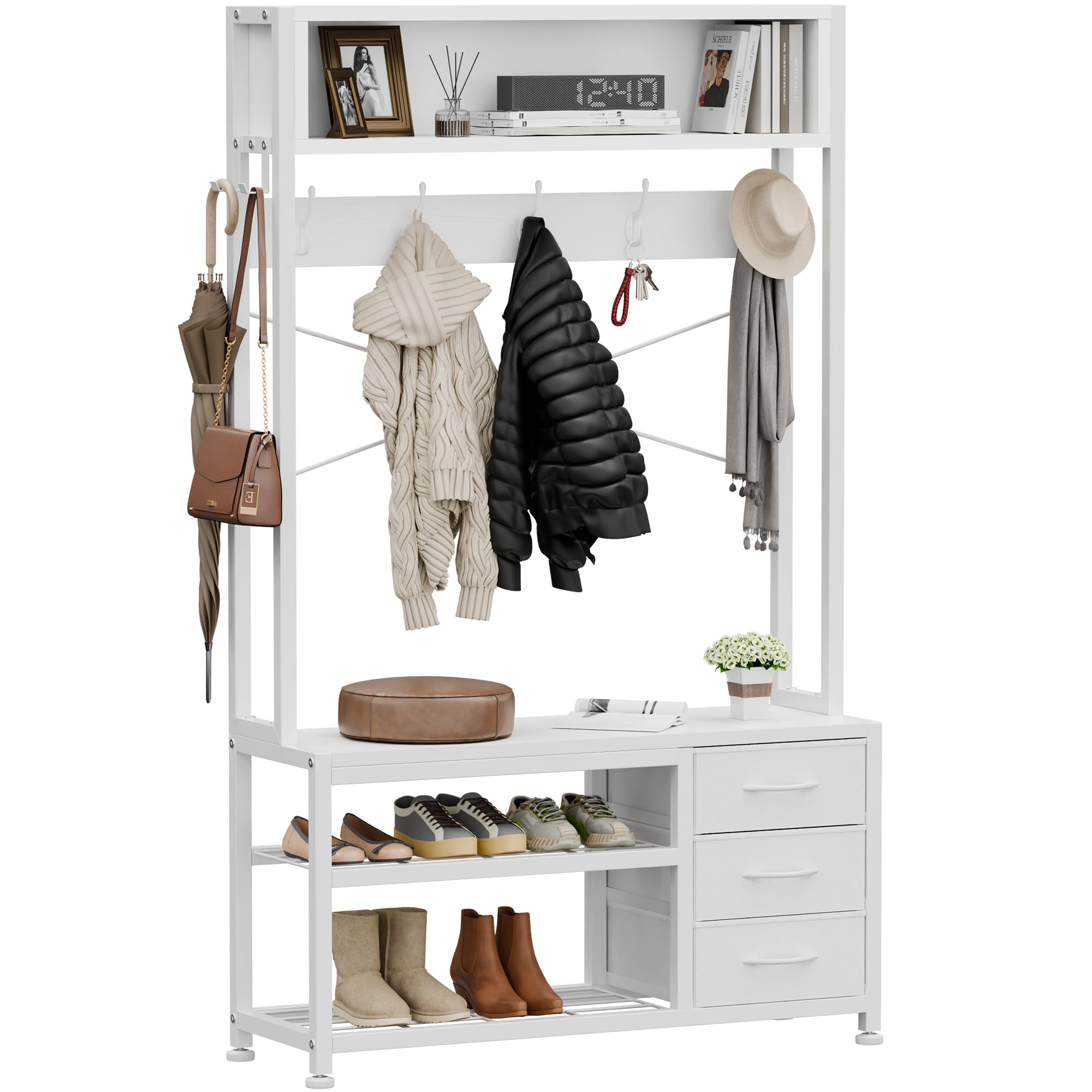 Lulive Hall Tree with Bench and Shoe Storage, 31.5" Coat Rack Freestanding with 2-Tier Storage Shelf, 5-in-1 Entryway Bench Coat Rack with 12 Hooks and 3 Drawers(White)