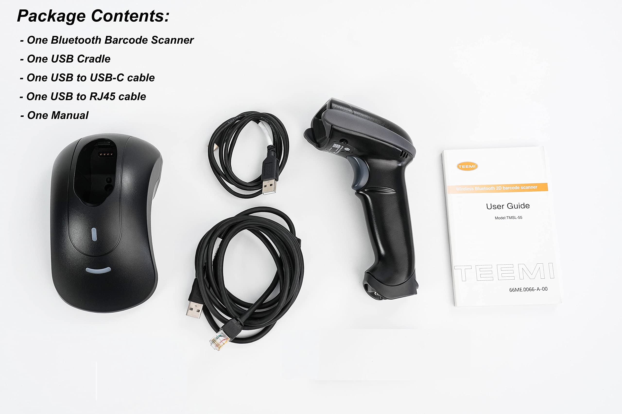 TEEMI Bluetooth QR Barcode Scanner with USB Cradle, Battery Replaceable Feature, Wireless Barcodes Reader Bar Code Scan Gun Handsfree Automatic Screen Scanning, Advanced Data Parsing