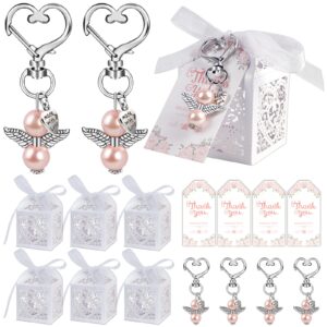 ourwarm 144pcs baby shower favors including cute angel keychains, favor boxes and thank you cards for baptism favors, bridal shower favors, birthday party favors wedding favors for guests (pink)