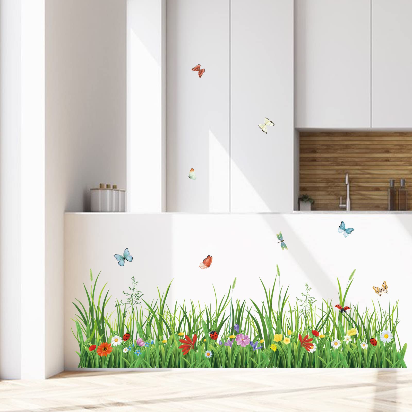 wondever Green Grass Wall Corner Stickers Flowers Butterflies Baseboard Skirting Line Wall Decals for Bedroom Living Room (W:52 inches)