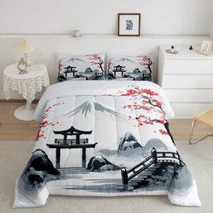 erosebridal japanese style bedding set cherry blossoms comforter set,mount fuji quilt set branches sakura flowers down comforter,ink painting style vintage luxury bedroom decor kids teens adults,queen