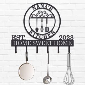 kitchen utensil rack with custom name, farmhouse kitchen utensil holder, personalized metal kitchen utensil hanger, kitchen utensil organizer for wall, hooks for kitchen utensils