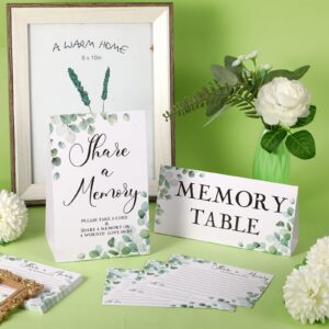 52 Pcs Greenery Eucalyptus Share a Memory Cards and Memory Table Signs Greenery Flower Seating Place Cards Funeral Celebration of Life Guest Book Card for Graduation Wedding, 3 Styles(Leaf Style)