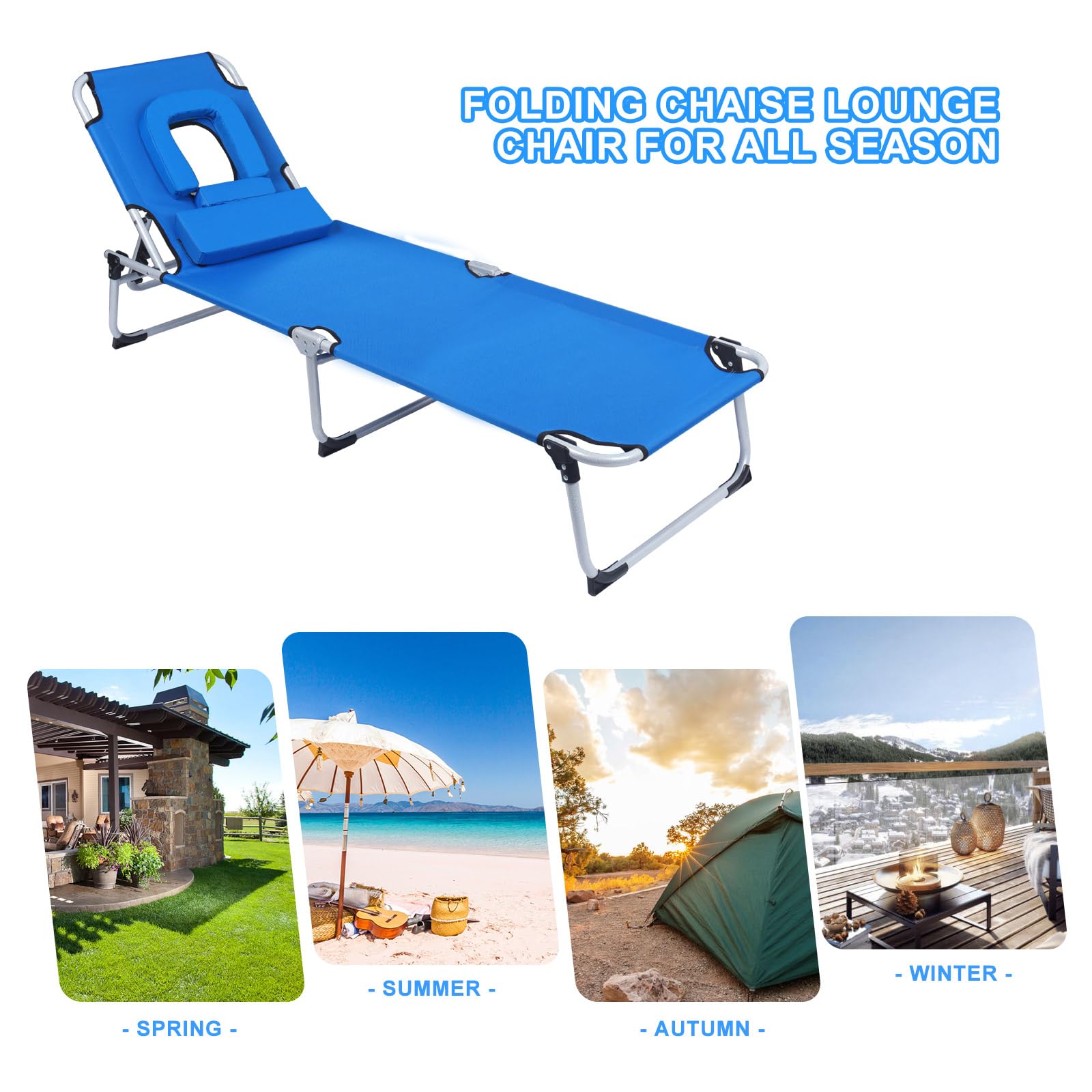 FirstE Portable Beach Lounge Chair 2PCS, Sunbathing Recliner with Tanning Face Hole Removable Pillow, Folding Beach Chaise Chair with 4 Position Adjustable, Outdoor Lounge Chair for Patio Pool