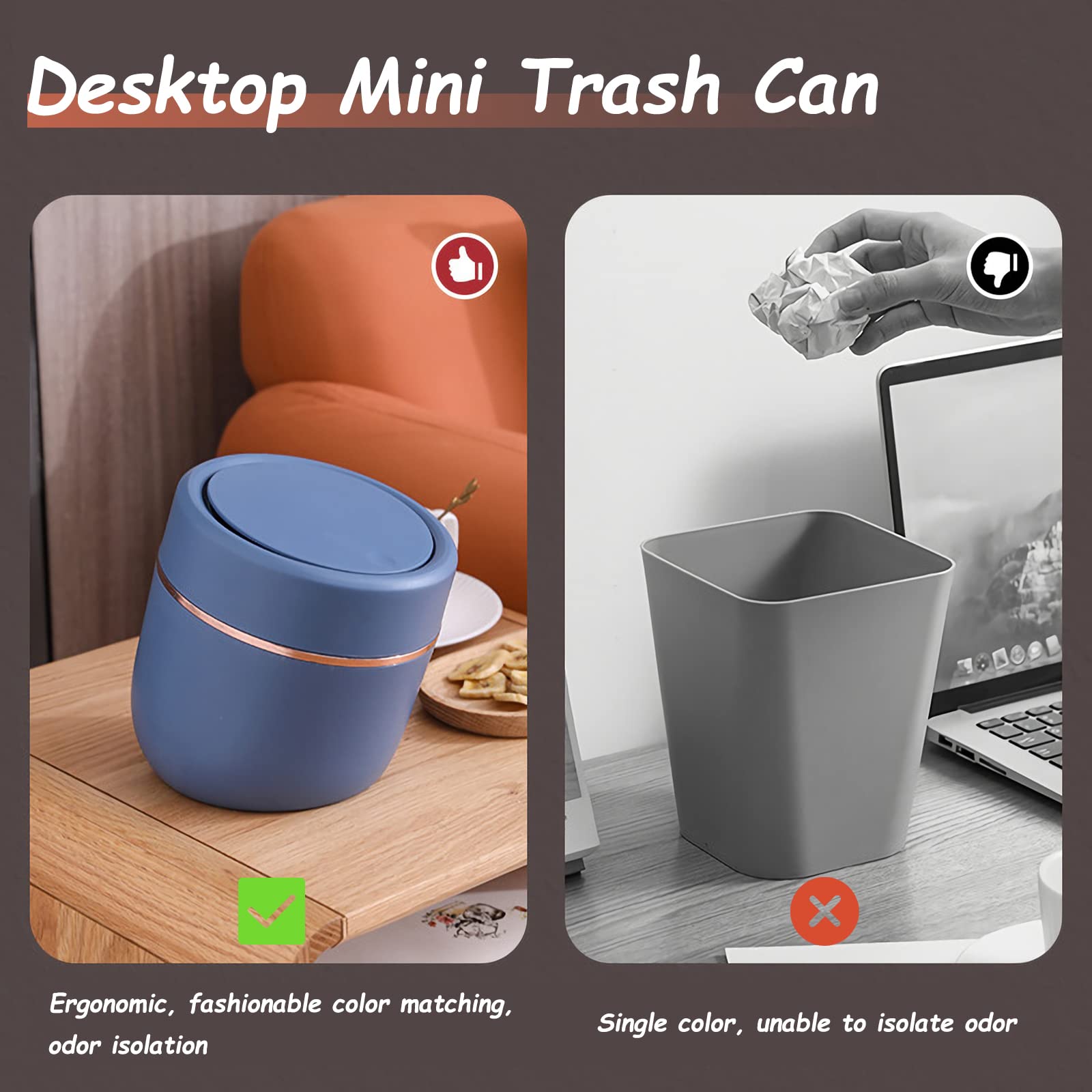 YISTOS Mini Trash Can with Lid, Black, Press-Top, Polypropylene, Desktop, Office, Vanity, Coffee Table