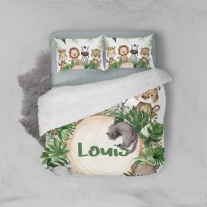 XIUCOO Personalized Adorable Jungle Safari Animals Duvet Cover Sets with Name Bedding Set 3 Pcs Quilt Cover with Zipper for Adult Birthday Gift,Queen Size