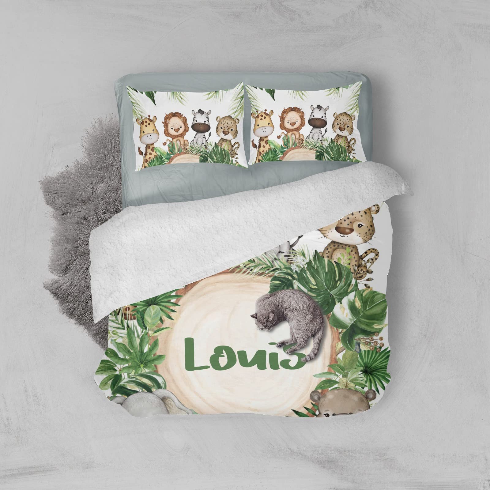 XIUCOO Personalized Adorable Jungle Safari Animals Duvet Cover Sets with Name Bedding Set 3 Pcs Quilt Cover with Zipper for Adult Birthday Gift,Queen Size