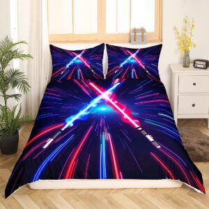 Lightsaber Duvet Cover Set Queen Size,Geometric Lines Gradient Bedding Set 3pcs for Kids Teens Boys Room Decor, Future Technology Metaverse Comforter Cover Red Blue Quilt Cover with 2 Pillowcases