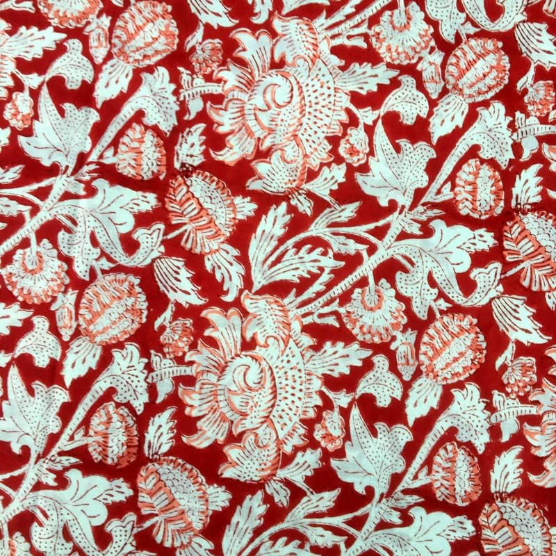 E-Tailor® Cotton Hand Block Printed Fabric, Cotton Voile Fabric for Sewing,Crafting, Dressmaking, Running Natural Dye Sanganeri Indian Floral Print Fabric by The Yard Width 44 Inches-1 Yard-Floral-Red