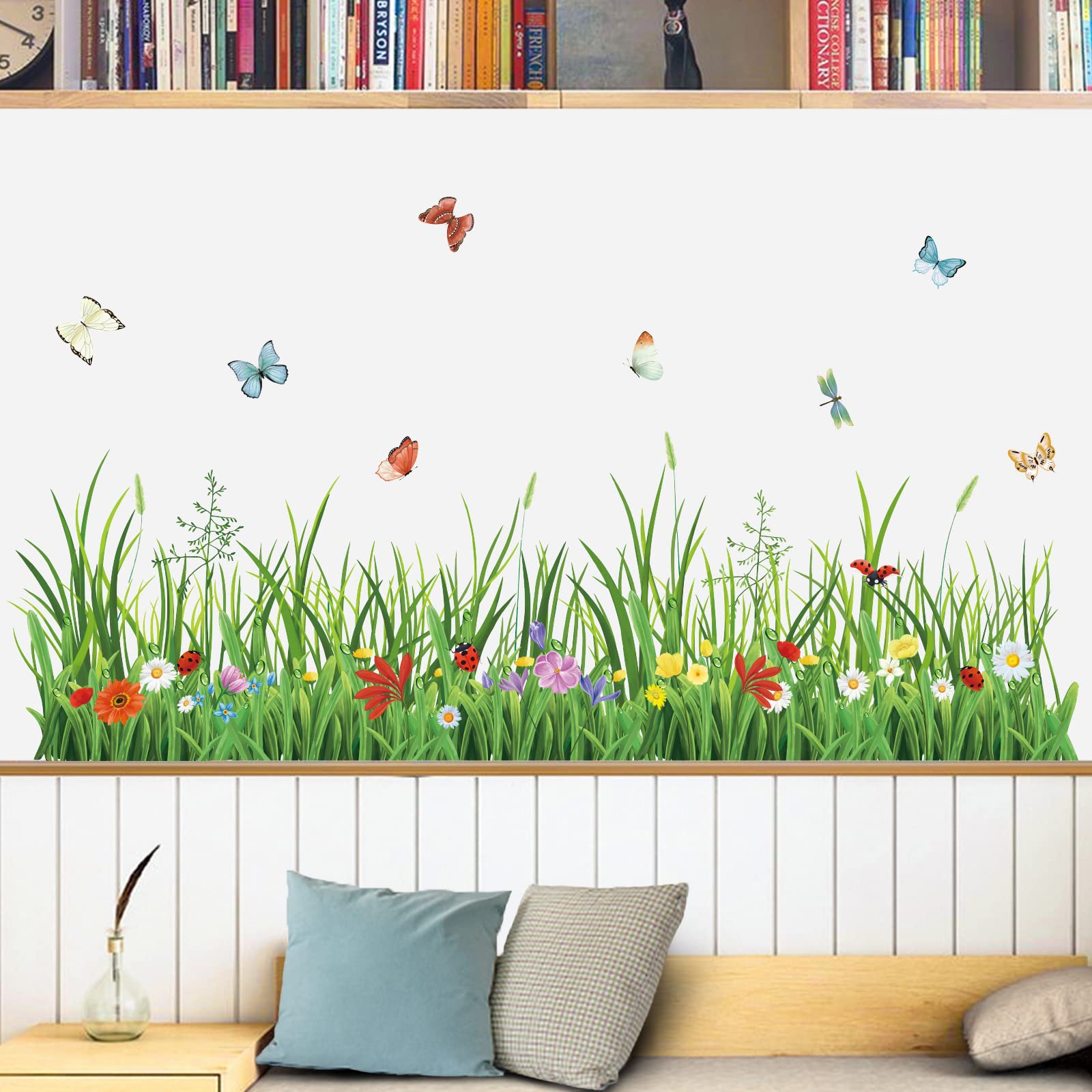 wondever Green Grass Wall Corner Stickers Flowers Butterflies Baseboard Skirting Line Wall Decals for Bedroom Living Room (W:52 inches)