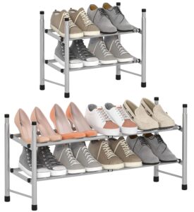 tzamli 2-tier freestanding shoe rack metal iron of expandable and adjustable shoes organizer, stackable shoe shelf for closet entryway doorway (silver gray, 2-tier-small)