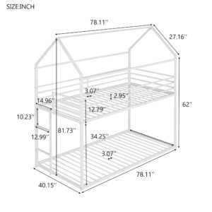 Merax Twin Over Twin House Bunk Bed, Metal Bed Frame Bunk Beds with Roof and Built-in Ladder, No Box Spring Needed, White