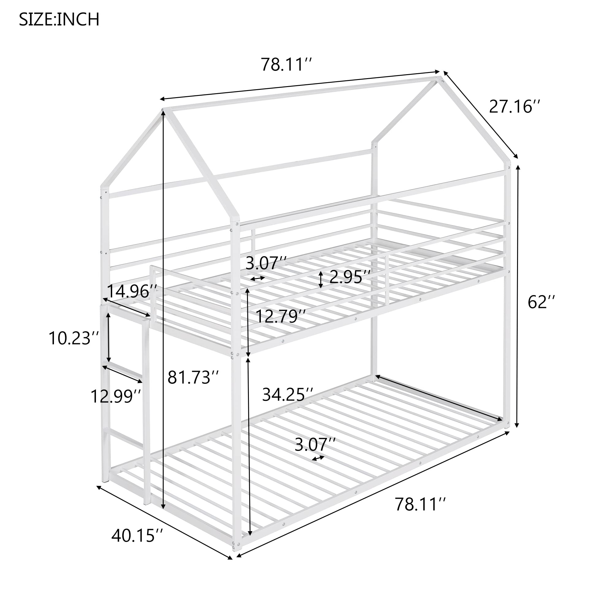 Merax Twin Over Twin House Bunk Bed, Metal Bed Frame Bunk Beds with Roof and Built-in Ladder, No Box Spring Needed, White