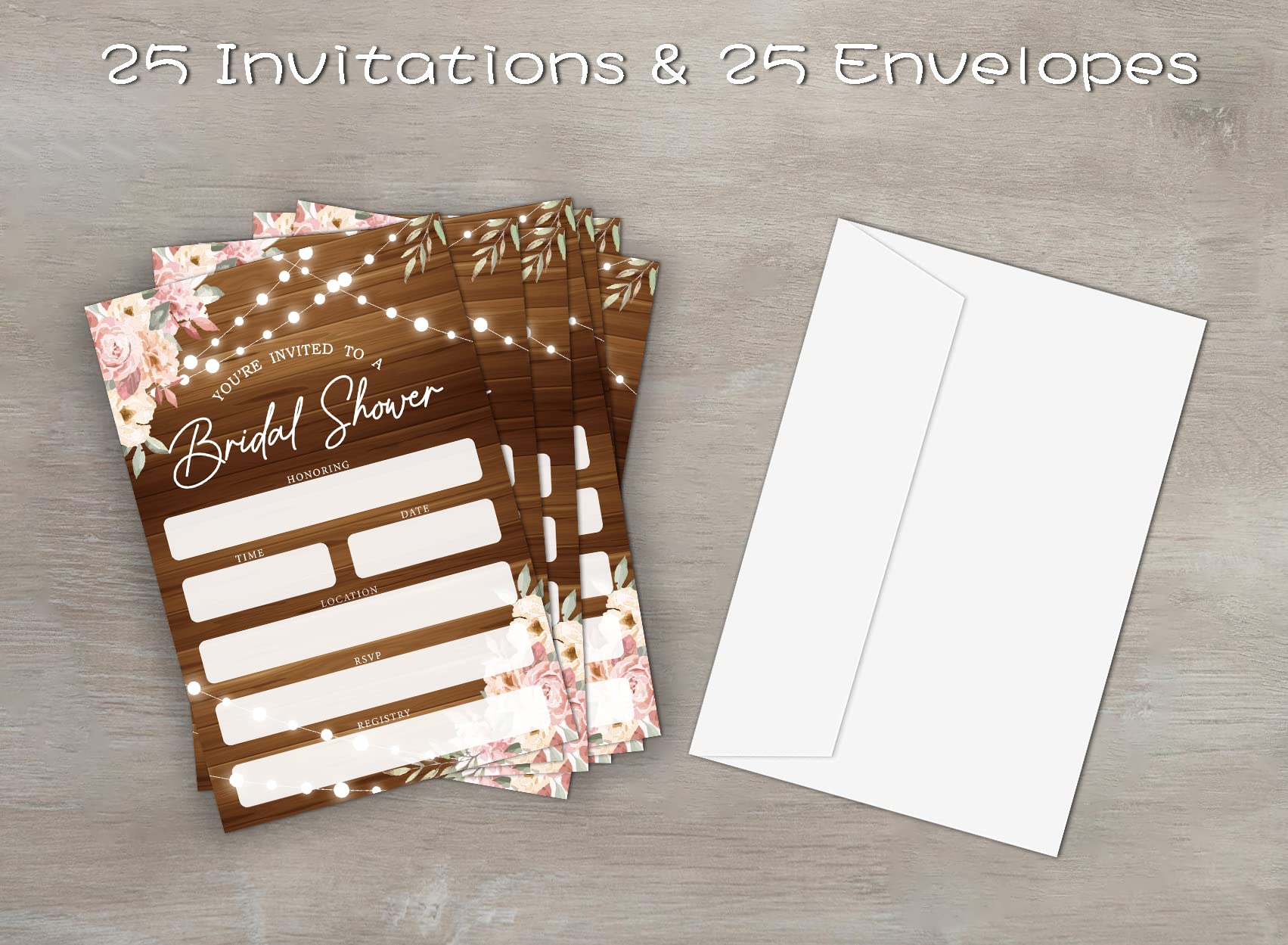 Bridal Shower Invitations, Rustic Wood Pink Floral Wedding Shower Invites For Bridal Shower, Engagement Party, Wedding Party, 25 Invitations Cards and Envelopes (yqk01)