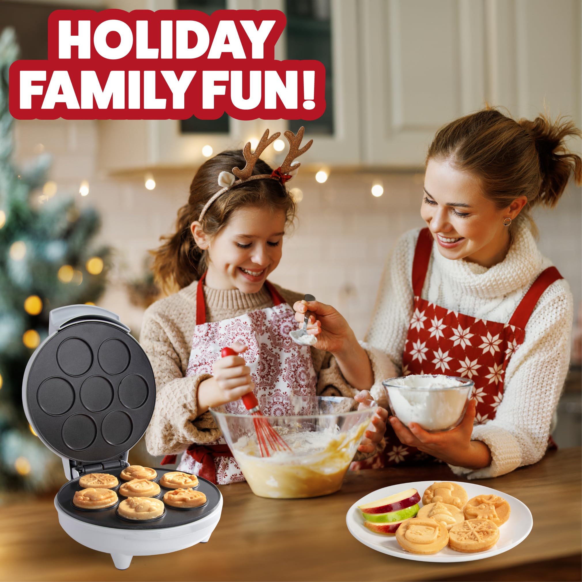 Christmas Cheer Holiday Waffle Maker- Make X-Mas Winter Breakfast Special w/Cute Pancakes or Waffles for Kids, Adults - Electric Nonstick Waffler Iron, Features a Snowman, Santa & More, Fun Gift