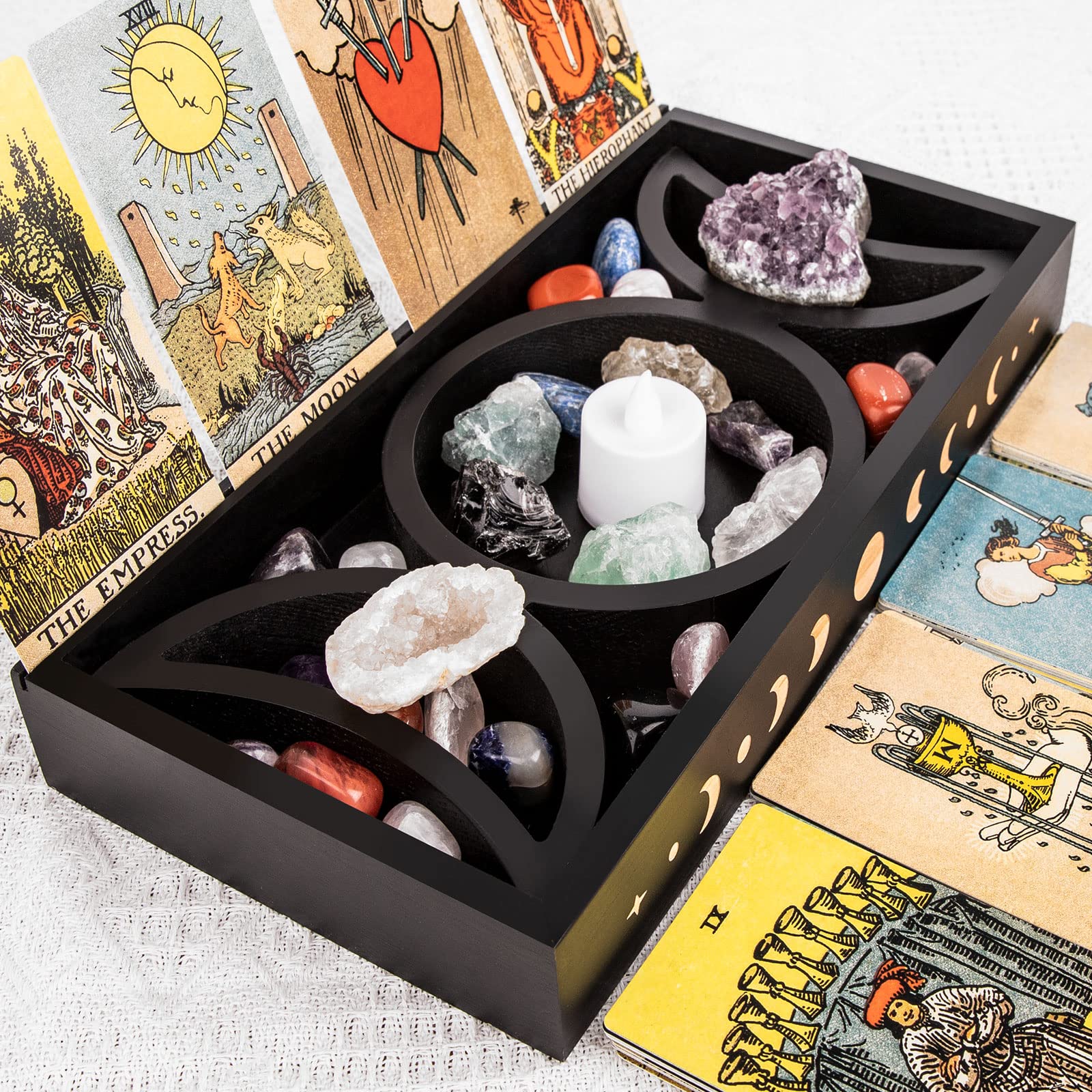 Crystal Tray for Stones, Triple Moon Crystal Holder Box, 3 Tarot Card Stand for Daily Affirmation Cards, Wicca Crystal Display, Detachable Rocks, Essential Oil Organizer, Witch Altar Gift