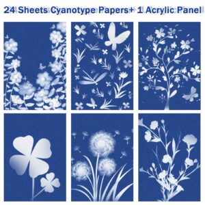 Sun Print Paper Kit Cyanotype Paper, 24 Sheets Cyanotype Papers with 1 Sheet Acrylic Panel, High Sensitive Nature Sun/Solar Activated Sun Printing Art Paper for Arts Crafts DIY Project