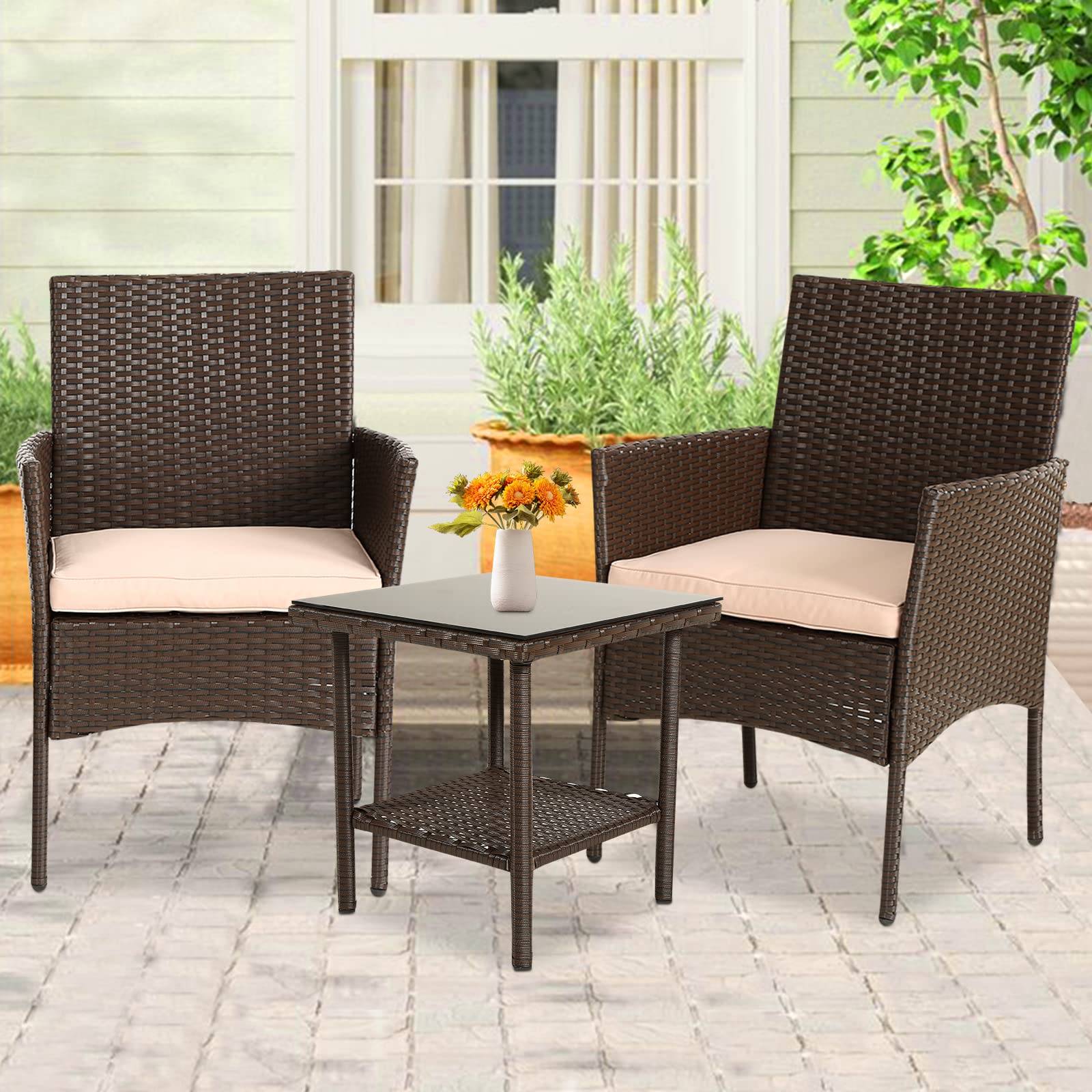 PIKAQTOP 3 Piece Small Patio Furniture Set, PE Rattan Wicker Space Saving Conversation Set with Cushions & Glass Coffee Table, Outdoor Furniture Sets for Deck Front Porch Lawn Garden Balcony Backyard