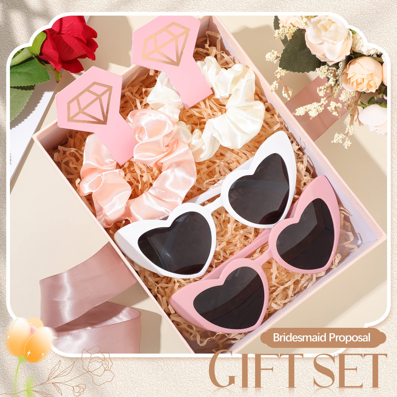 24 Bridesmaid Proposal Gift Set Bachelorette Theme Party Favors 12 Bachelorette Heart Shaped Bride Sunglasses 12 Satin Hair Scrunchies for Bridal Wedding Party Supplies (White and Pink Frame)