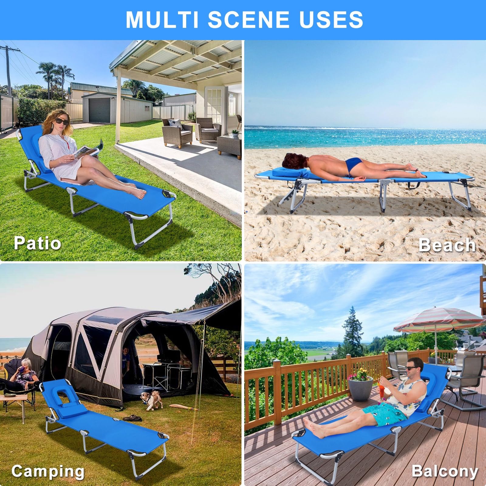 FirstE Portable Beach Lounge Chair 2PCS, Sunbathing Recliner with Tanning Face Hole Removable Pillow, Folding Beach Chaise Chair with 4 Position Adjustable, Outdoor Lounge Chair for Patio Pool