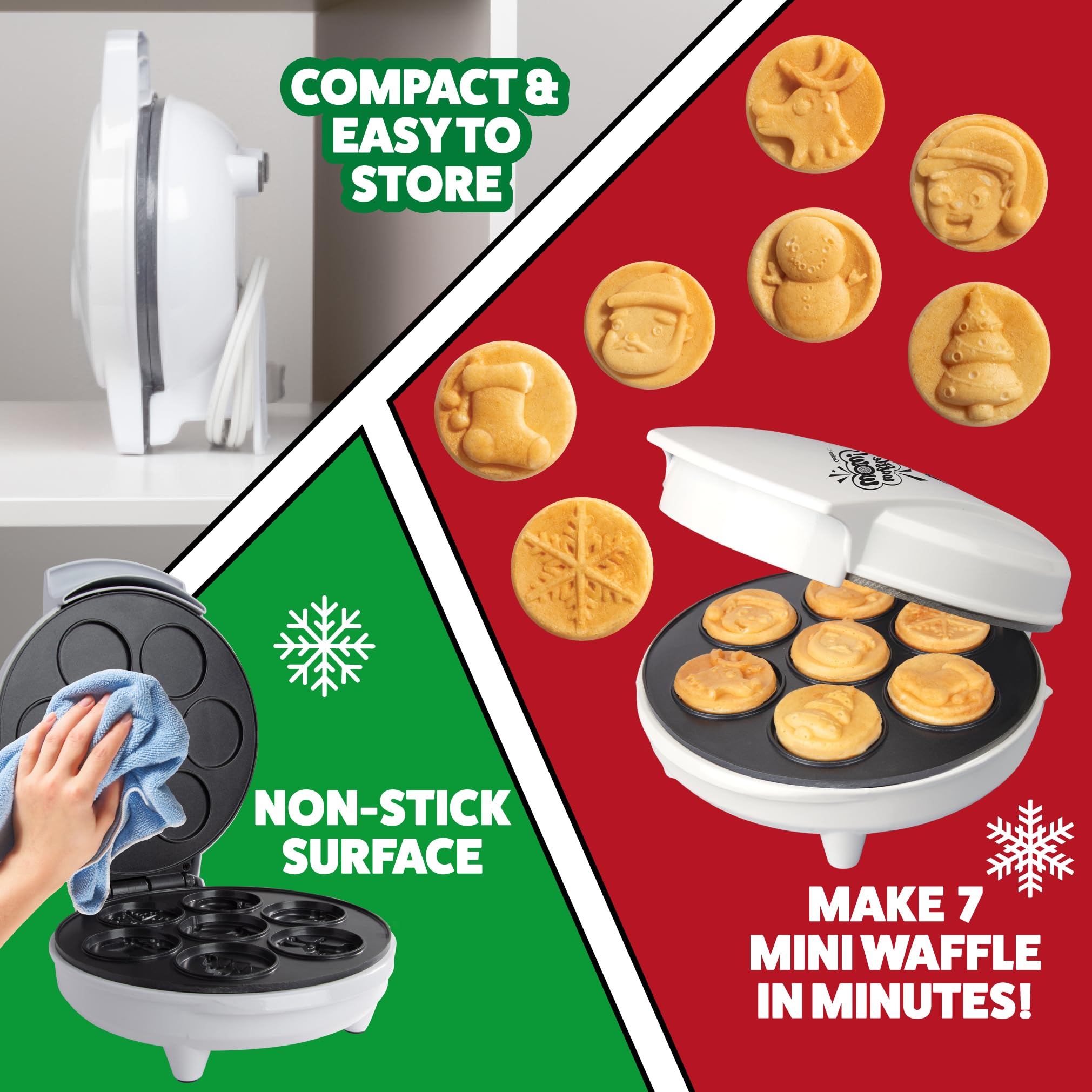 Christmas Cheer Holiday Waffle Maker- Make X-Mas Winter Breakfast Special w/Cute Pancakes or Waffles for Kids, Adults - Electric Nonstick Waffler Iron, Features a Snowman, Santa & More, Fun Gift