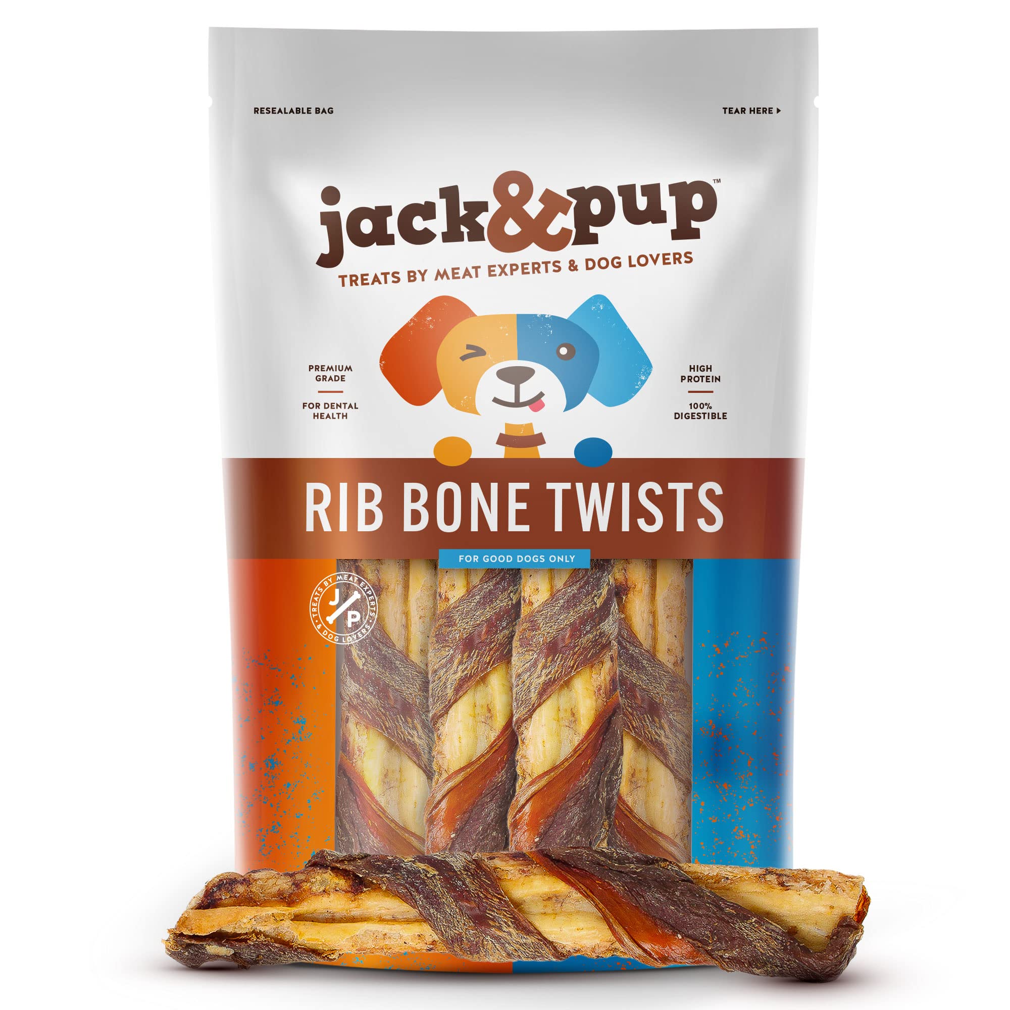 Jack&Pup Twist Beef Rib Bones for Dogs, 7" Beef Rib Bone Small Dog Bones for Puppies with Beef Jerky Twist for Flavor and Fun - Healthy Dog Bones Rib Small Dog Chew Bones (4 Count)