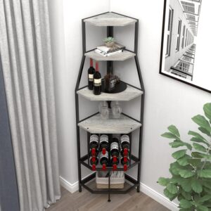 Espelism 5-Tier Corner Wine Rack Floorstanding with Glass Holder and Bottles Wine Storage Home Bar Furniture for Home Kitchen Dining Room Industrial Metal and Wooden Corner Shelf