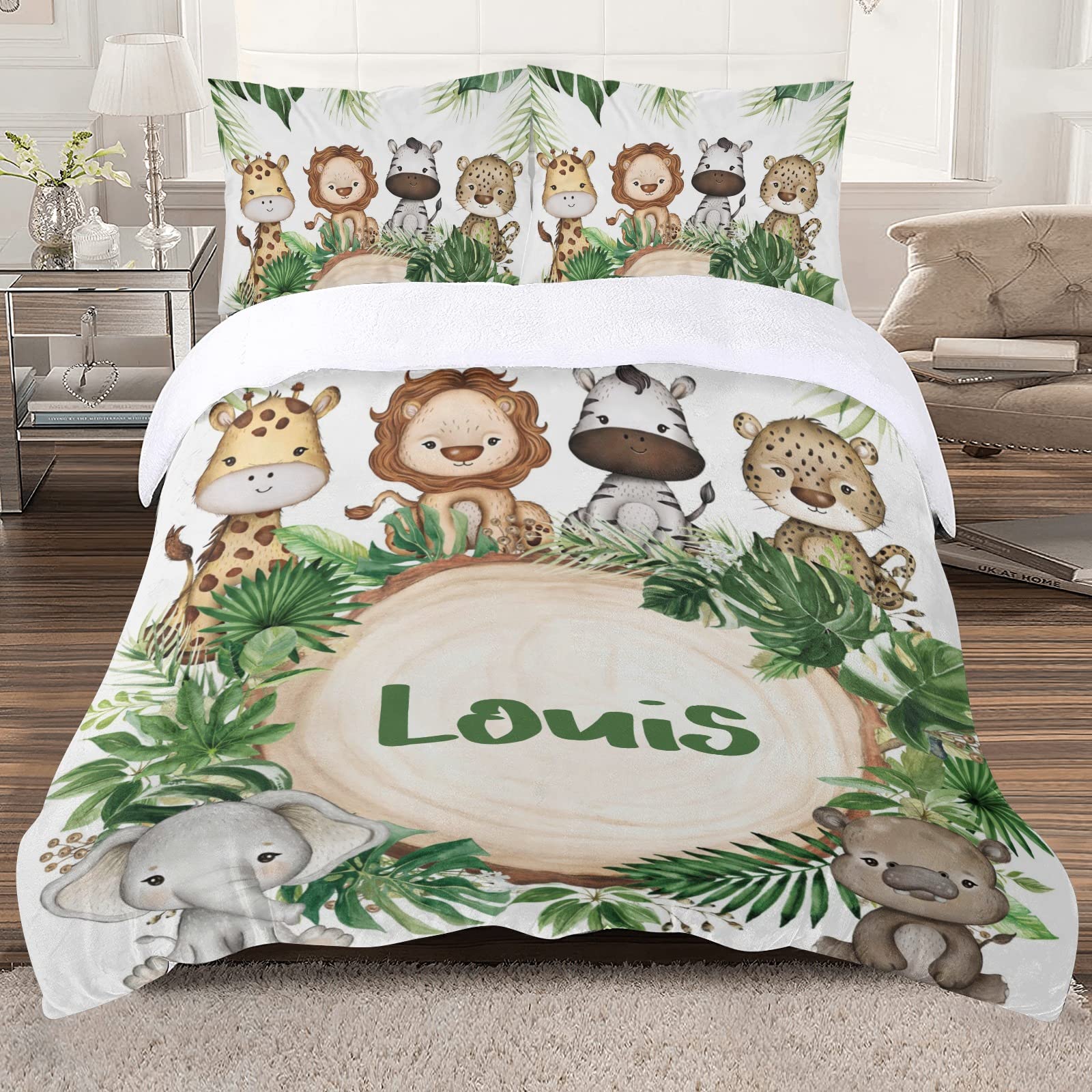 XIUCOO Personalized Adorable Jungle Safari Animals Duvet Cover Sets with Name Bedding Set 3 Pcs Quilt Cover with Zipper for Adult Birthday Gift,Queen Size