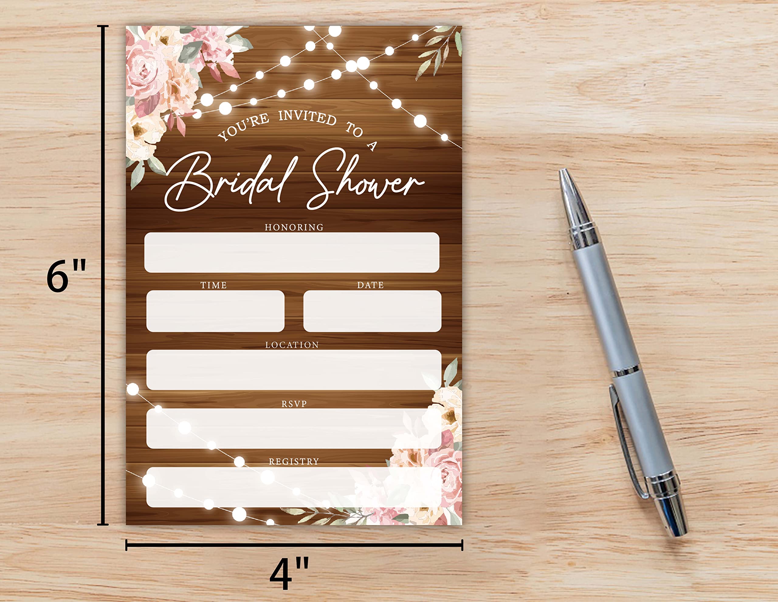 Bridal Shower Invitations, Rustic Wood Pink Floral Wedding Shower Invites For Bridal Shower, Engagement Party, Wedding Party, 25 Invitations Cards and Envelopes (yqk01)